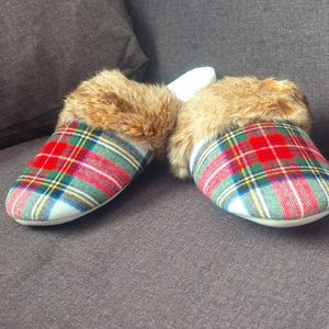 Stewart Plaid Flannel Faux Fur Slippers